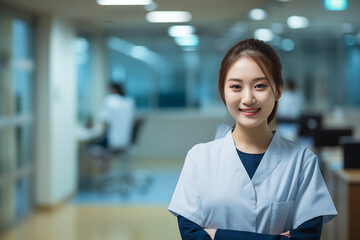 Smiling Asian female healthcare professional in clinical setting