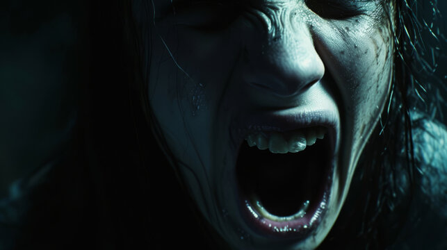 a close up of a screaming scared woman with open mouth