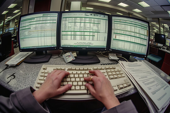 A first person pov shot of a white, dual monitor computer screen from 1997 full of spreadsheets set atop an unruly corporate desk with a keyboard and gentle typing hands
