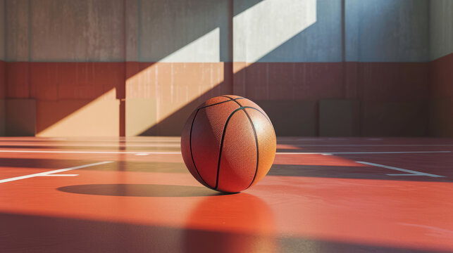 Basketball on Court Floor close up with blurred arena in background