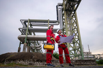 Engineer survey team wear uniform and helmet stand workplace checking blueprint project , radio...