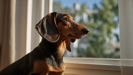 A close-up photograph of a dachshund looking out a living room window, capturing its reflective gaze and detailed fur texture in natural lighting.