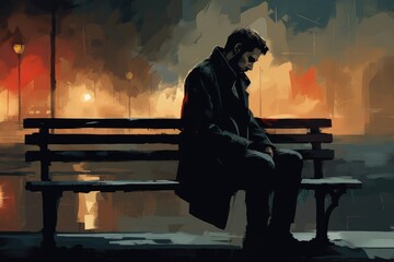 lonely depressed man sit on bench illustration