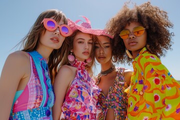 Beaming under the sunny sky, a stylish group of women donning fashionable sunglasses and summer clothing strike a pose on the beach, radiating joy and fun