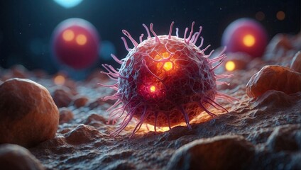 digital render of a cancer cell with visible nuclei, set against a dark background with multiple cells and a sharp focus on the intricate surface textures.