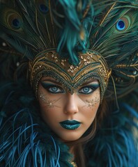 portrait of a beautiful girl with blue eyes decorated with fluffy feathers peacock, Mardi Gras...