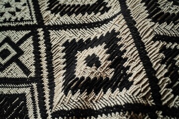 Geometric ethnic pattern on black and white fabric.