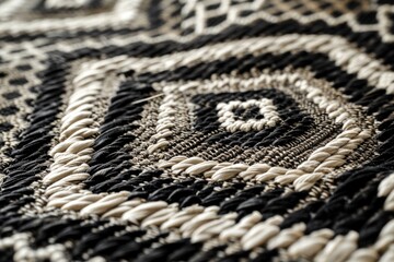 Geometric ethnic pattern on black and white fabric.