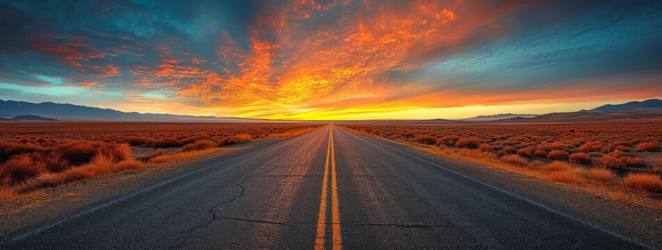 Journey through a vast ecoregion as the sun sets, painting the sky with hues of orange and pink, while a lone road stretches into the horizon, lined with golden grass and desert plants