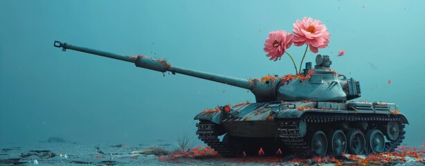 A symbol of contrast, a tank adorned with delicate flowers becomes a reminder of the beauty that can still be found amidst the destructive nature of war - obrazy, fototapety, plakaty
