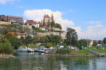 View at the cathedral and the marina of Breisach from river Rhine, Baden, Germany