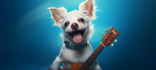 A smiling dog with a guitar on a blue background 