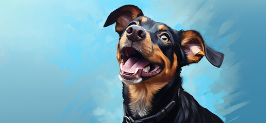 A happy dog on a blue background