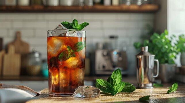Iced tea with mint on a sunny kitchen counter, beside a modern appliances.