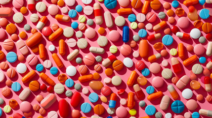 Fototapeta na wymiar Top-down view of Medication diversity displayed on a pink background, offering choices for individual health requirements and concerns