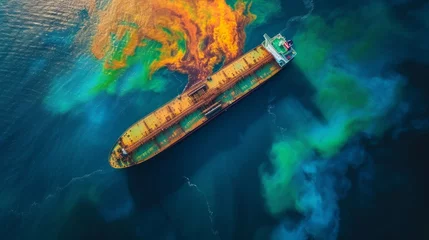 Fotobehang Aerial view of a rusty oil tanker dispersing colorful oil pollutants in the ocean. © Artsaba Family