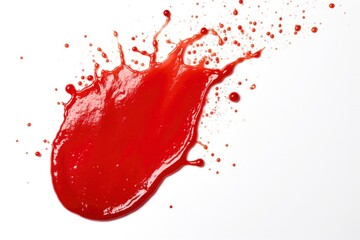 Splash stain drops of red ketchup, tomato sauce or juice on a white background view from above. Object for your design, mockup