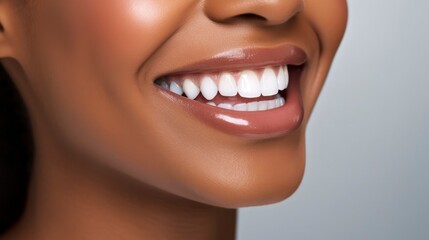 Fototapeta premium Perfect snow-white smile of an African-American girl with red lipstick on her lips close-up. Dental care concept, whitening, dentistry. Beautiful smile of a happy woman