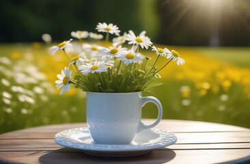 a mug of coffee and field daisies lie on a small glass table in the park in summer