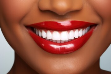 Obraz premium Perfect snow-white smile of an African-American girl with red lipstick on her lips close-up. Dental care concept, whitening, dentistry. Beautiful smile of a happy woman