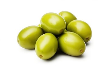 Green olives on a white background. Beautiful fruits of the olive tree, an ingredient for making olive oil. Object for design, advertising
