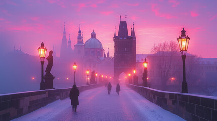Obraz premium Charles bridge, Prague, winter sunset