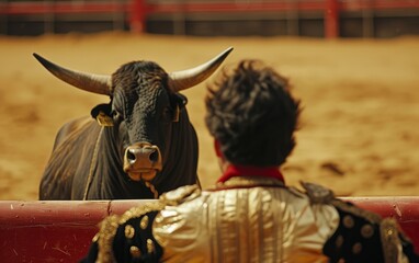 Matador in traditional attire facing a bull, capturing the intense moment before a bullfight in an arena.