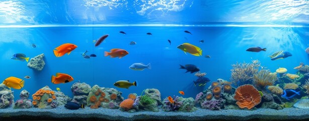 Vibrant underwater scene with colorful corals and tropical fish in a clear aquarium. - obrazy, fototapety, plakaty