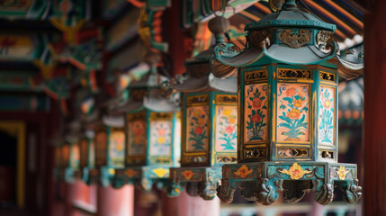 Fototapeta premium Intricately painted lanterns adorning a temple hall