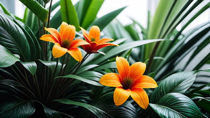 Spring tropical gardens with bright orange flowers blooming. Botanical varieties of flowers. Flower garden, gardening and botanical greenhouse concept