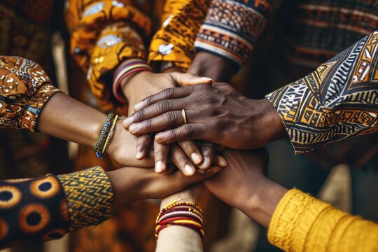 Diverse businesspeople with African patterns join hands.