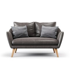 Stylish sofa with grey cushions and wooden legs