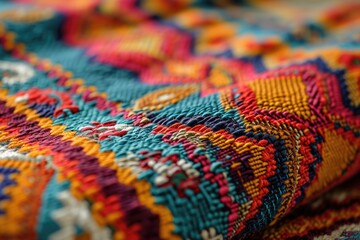 Fototapeta premium Colorful AfricanPeruvian rug surface closeup with more motifs and textiles.