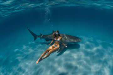 Fototapeta na wymiar Woman swimming with shark in tropical sea