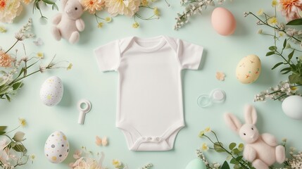 A pristine white baby onesie is presented amongst a delightful arrangement of Easter eggs, pacifiers, and a bunny, perfect for spring-themed baby easter.