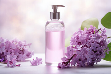 Obraz na płótnie Canvas Pink Liquid Soap and Lilac Flowers