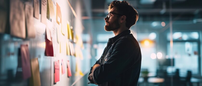 A young man staff standing with colleague near with meeting board, business man in a meeting, teamwork and planning with brainstorming, feedback and review, share ideas