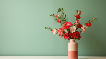 A vibrant arrangement of red and pink flowers in a two-tone vase against a soft green background, ideal for spring-themed decor and design inspiration
