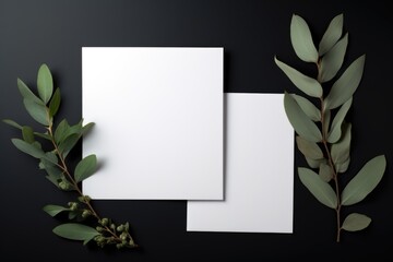 Blank Cards and Eucalyptus on Black Background