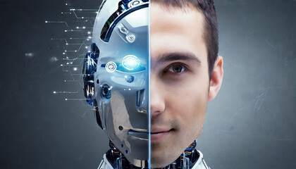 Portrait of young man with artificial intelligence robot head. AI concept