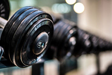 Dumbbells in the gym. Rows of dumbbells in the gym