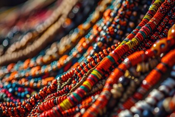 Intricate African tribal necklaces for sale at street market. - obrazy, fototapety, plakaty