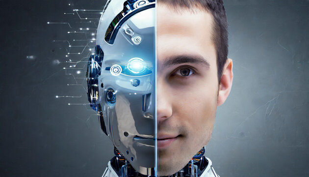 Portrait of young man with artificial intelligence robot head. AI concept
