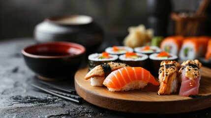 Elegant Sushi Selection on Dark Background