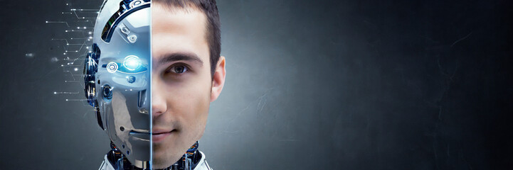 Portrait of young man with artificial intelligence robot head. AI concept