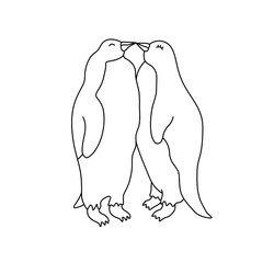 Obraz premium Vector isolated two pair couple kissing penguins love colorless black and white contour line easy drawing