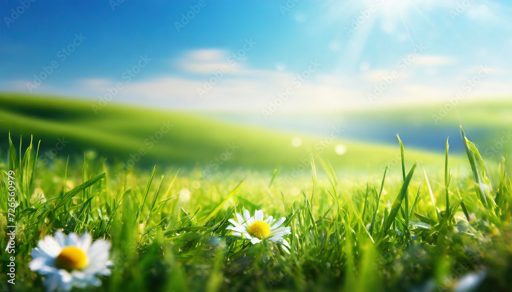 Poster Spring meadow with flowers over sunny blue sky. Nature background.