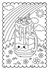 Fruit ice cream in a jar, dessert, berries. Kawaii characters. Sweets, dessert. Cute coloring page for kids and adults, black and white vector illustration.