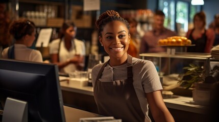 A happy beautiful smiling African American woman is a cashier serving a customer in a grocery store, cafe.