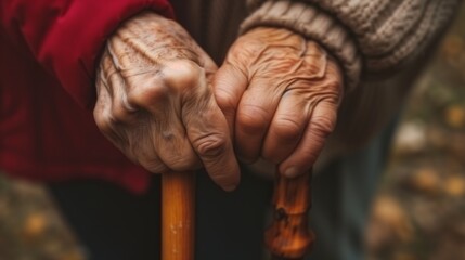 lose-Up of Elderly Hands Grasping a Walking Cane, Symbolizing Support and Aging